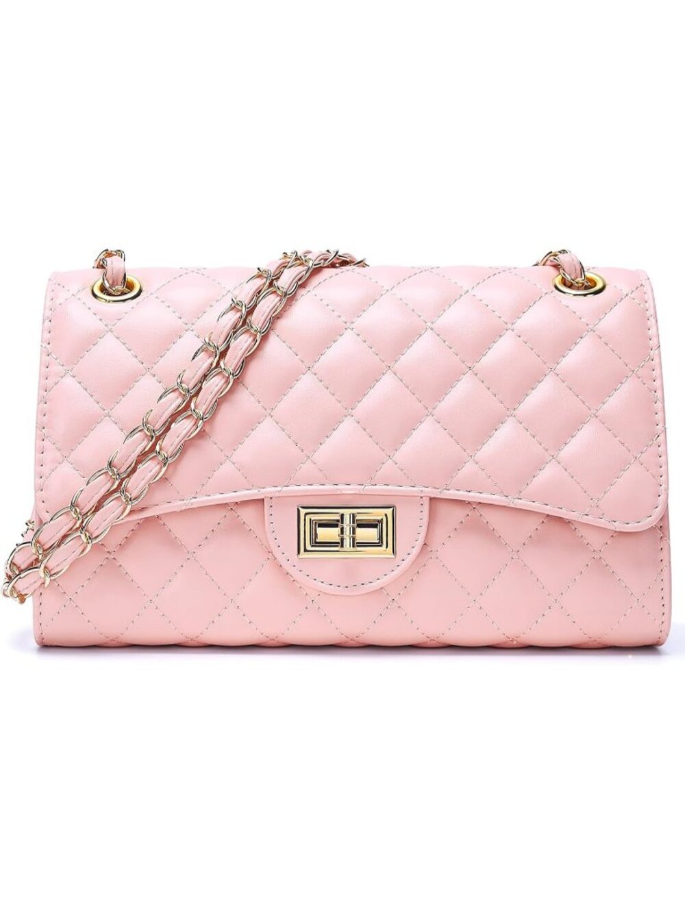 Women Pink Quilted Leather Satchel Chain Strap Crossbody Shoulder Bag
